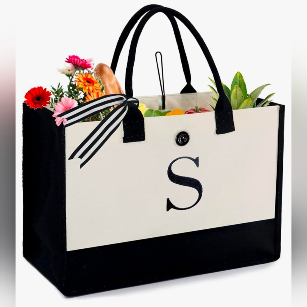 Canvas Monogram Tote Bag with Black Trim - S Initial - Picture 3 of 8